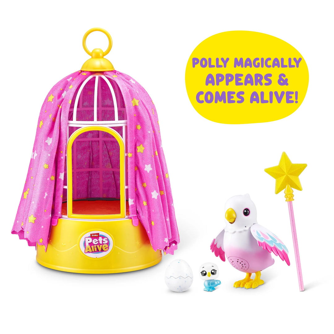 Toy zuru birdcage with a toy bird and accessories on a white background