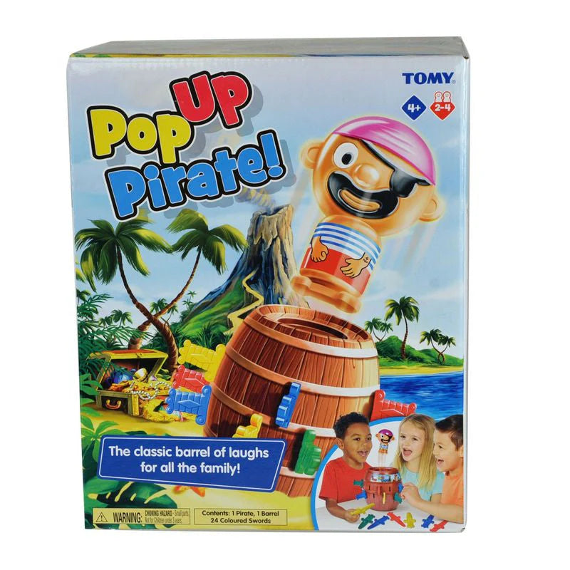 Box of Tomy Pop Up Pirate toy with pirate-themed graphics and text.