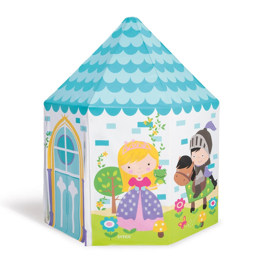 princess castle with a blue roof and door, princess and knight on a white background