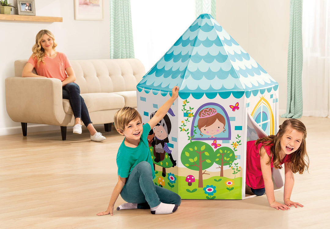 two kids playing inside the play tent indoors whilst mother watches in the background