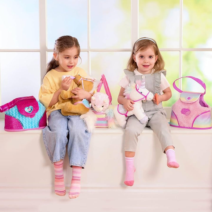 Two young girls sitting on a windowsill with Pucci Pups Rainbow Unicorn