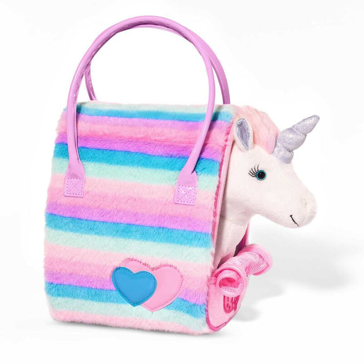Plush unicorn toy with a colorful striped bag on a white background