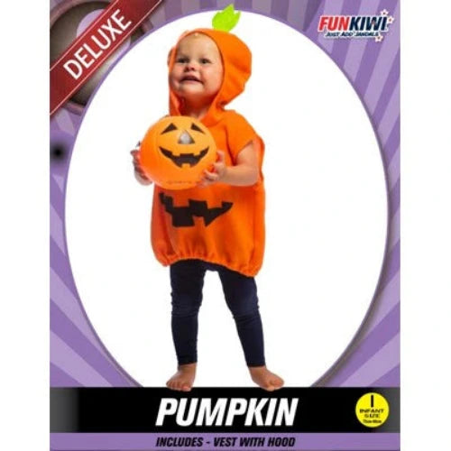 Child in a pumpkin costume holding a jack-o'-lantern, with Fun Kiwi branding.