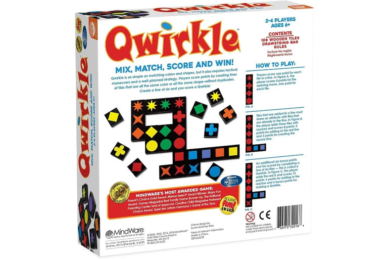 Qwirkle board game packaging with colorful game pieces illustration on a white background