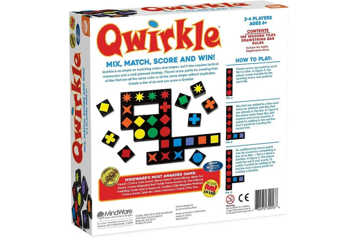 Qwirkle board game packaging with colorful game pieces illustration on a white background