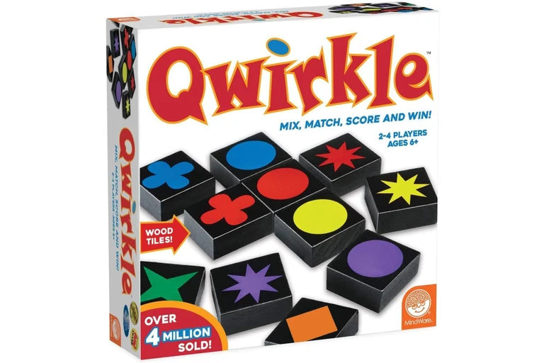 Qwirkle board game box with colorful game pieces on a white background