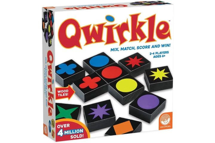 Qwirkle board game box with colorful game pieces on a white background
