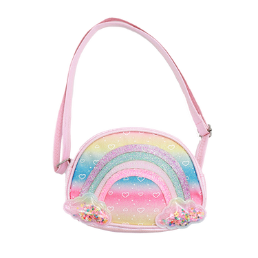 Colorful rainbow-shaped bag with a pink strap on a white background