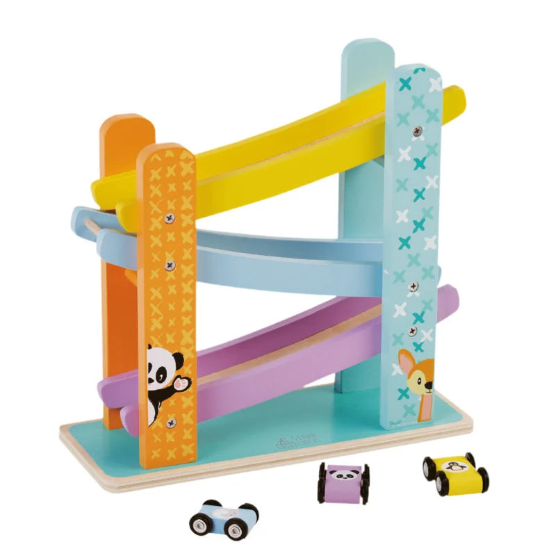 A colorful wooden toy race track with three winding lanes in yellow, light blue, and purple, decorated with cartoon animal illustrations including a panda and a fox. Three small wooden toy cars are placed in front on a white background.