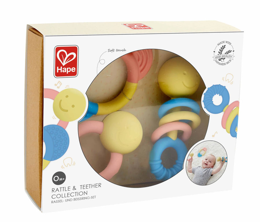 Hape baby teething ring in packaging with brand logo