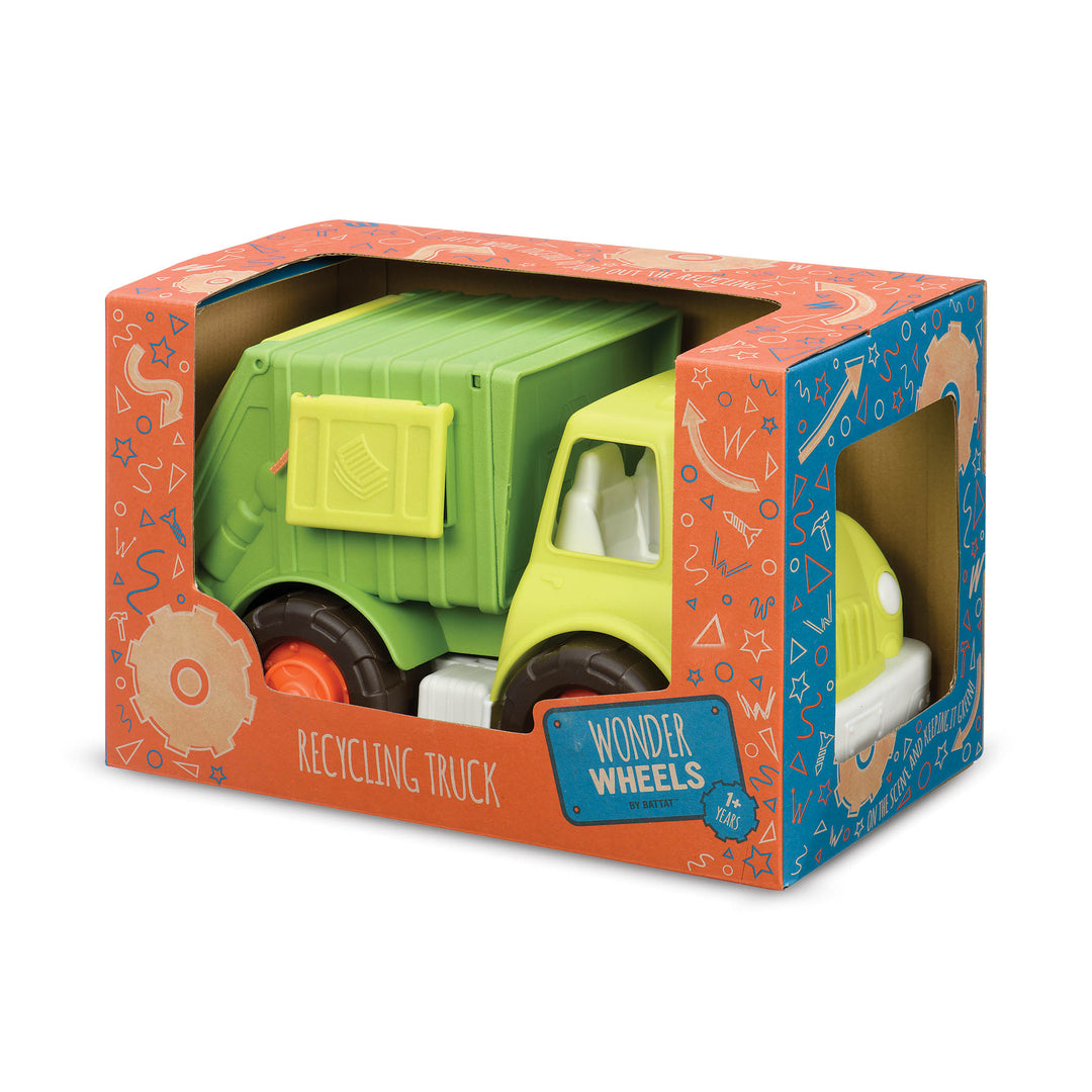 Toy battat recycling truck in packaging with 'Wonder Wheels' branding on a white background