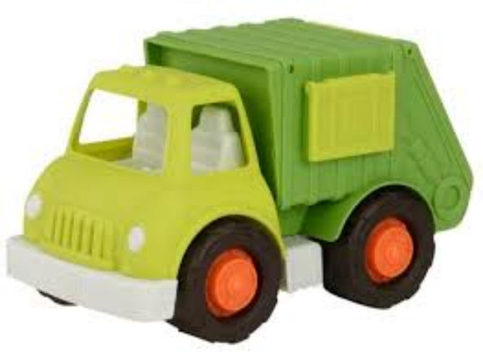 Toy garbage truck with green body and orange wheels on a white background