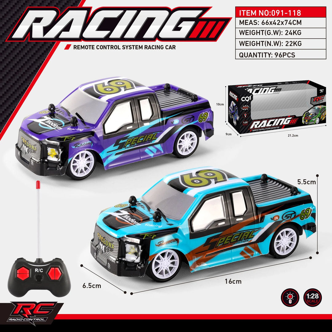 Two toy racing cars with remote control, packaging, and specifications on a white background.