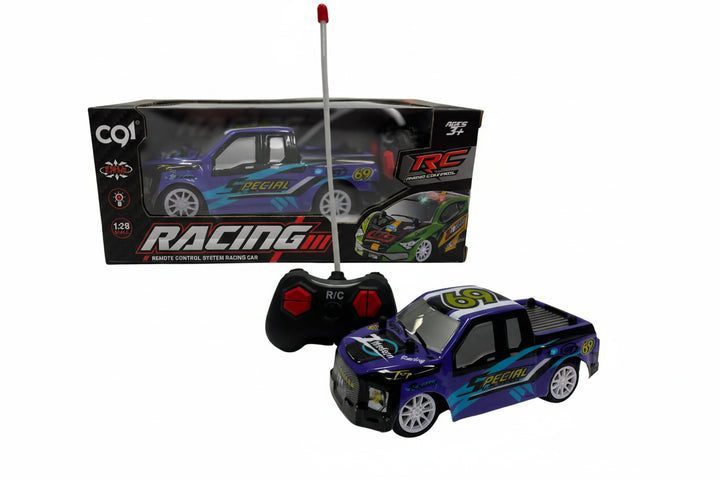 RC racing car with remote control and packaging on a white background