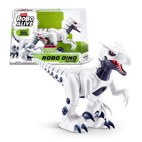 Robotic dinosaur toy with packaging labeled 'Robo Alive' on a white background