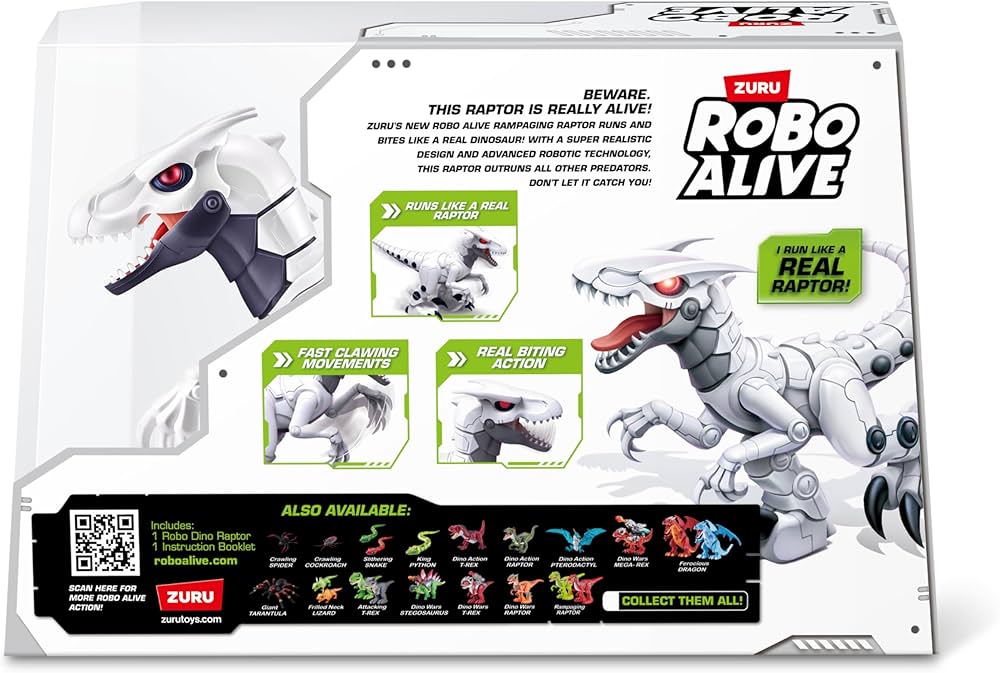 Robo Alive toy dinosaur packaging with branding and features highlighted