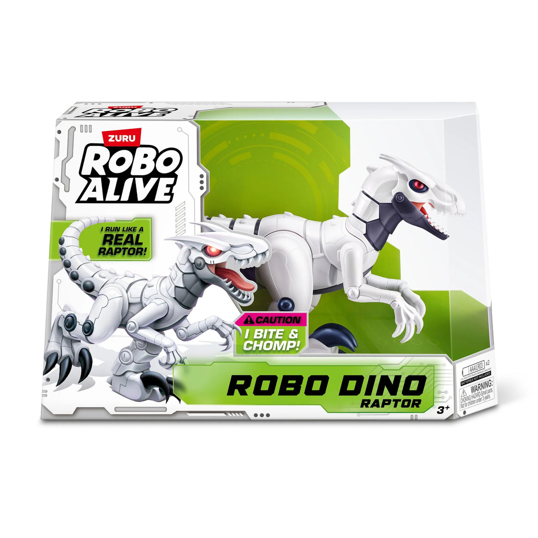 Robo Alive Robo Dino Raptor toy packaging on a white background zuru toys