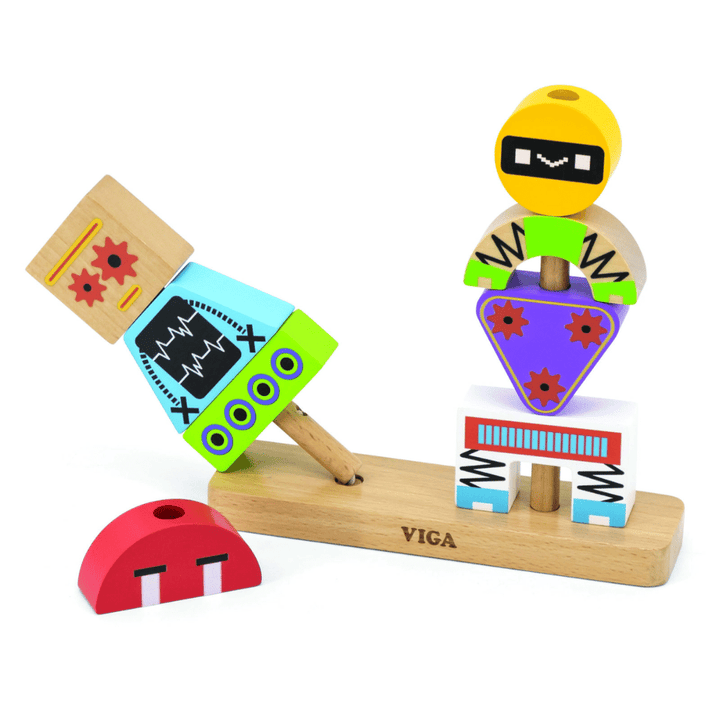 Viga wooden toy set featuring colorful geometric robot pieces on a natural wood base, with a red semicircle piece placed beside it on a white background.