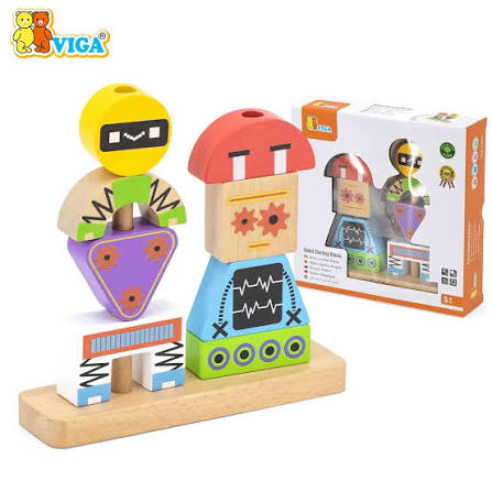 VIGA wooden toy puzzle set featuring colorful robot and space-themed wooden blocks on a natural wood base, with the product packaging box shown behind it on a white background.