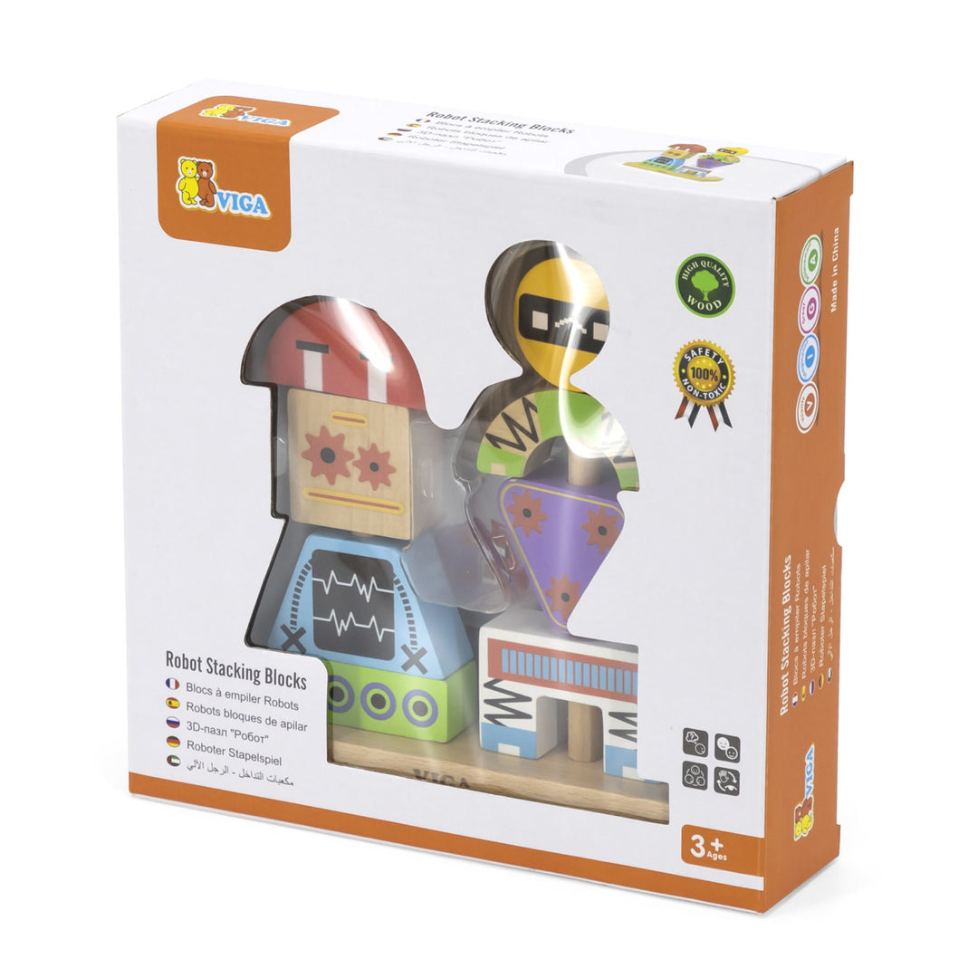 Viga Robot Stacking Blocks toy set in its original white and orange retail packaging, showing the wooden blocks visible through a clear plastic window.