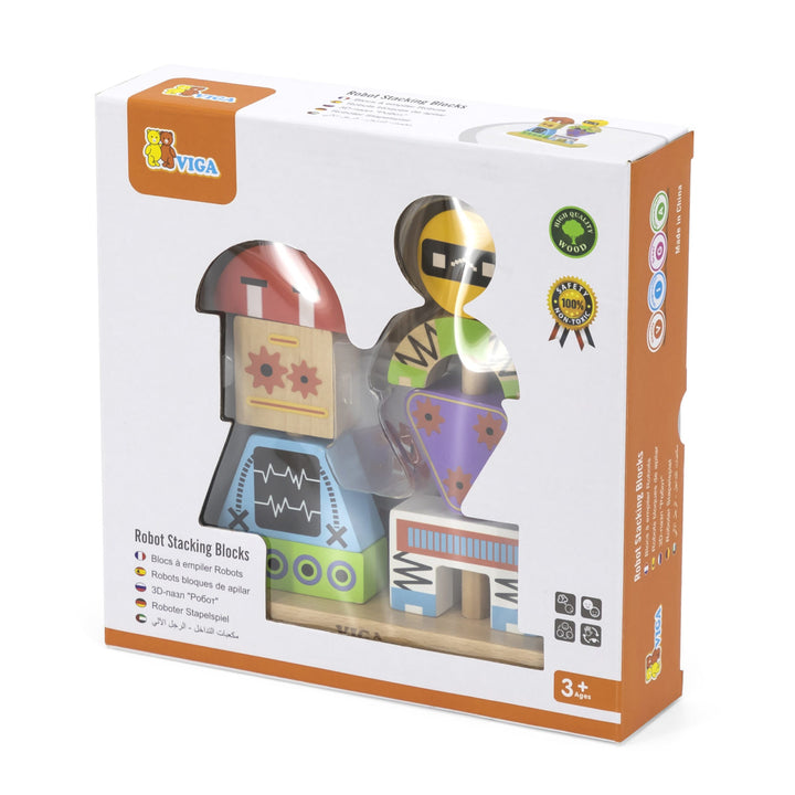 Viga Robot Stacking Blocks toy set in its original white and orange retail packaging, showing the wooden blocks visible through a clear plastic window.