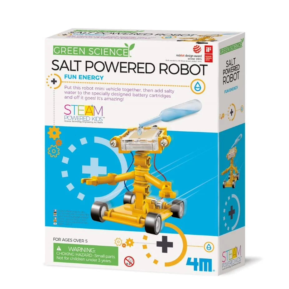 Box of 4M Salt Powered Robot science kit with yellow robot illustration on a white background