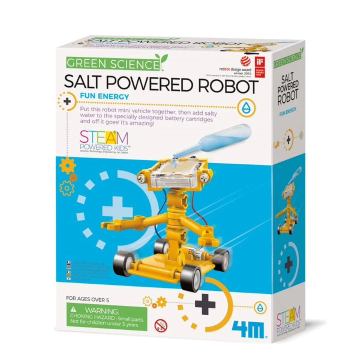 Box of 4M Salt Powered Robot science kit with yellow robot illustration on a white background
