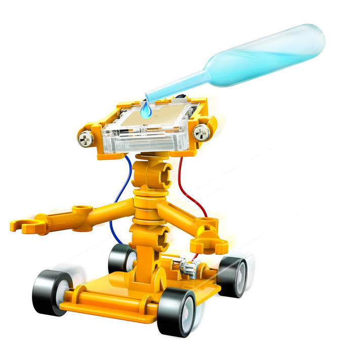 Yellow toy robot with a blue liquid stream on a white background