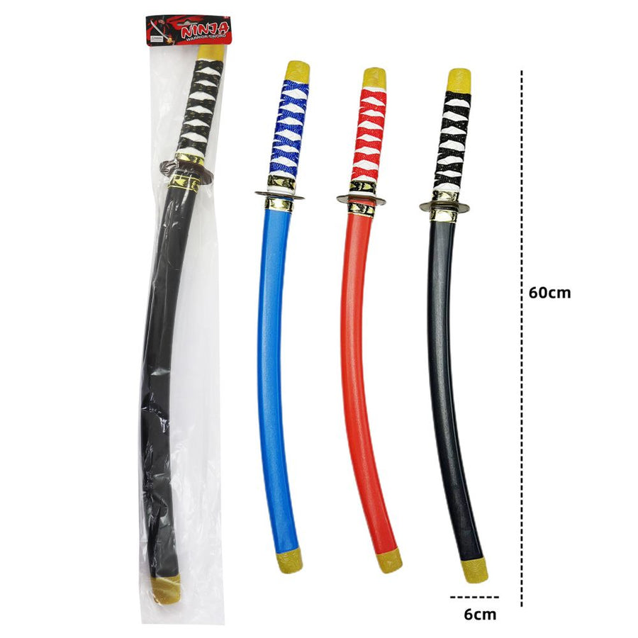 Four toy swords with colorful handles and black sheaths, one in packaging, on a white background.