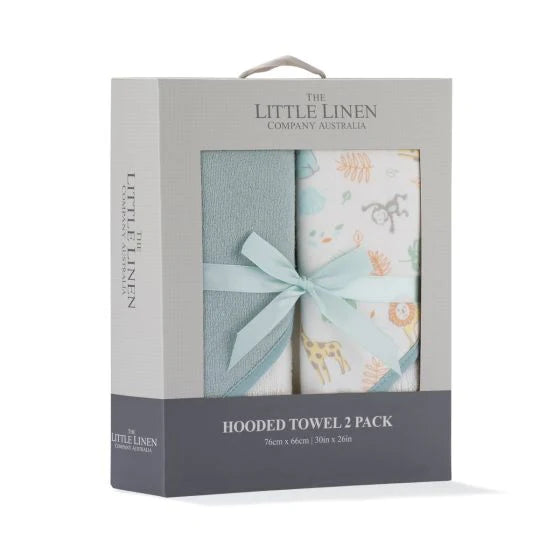 Packaged hooded towels from The Little Linen Company Australia with a bow on a white background.