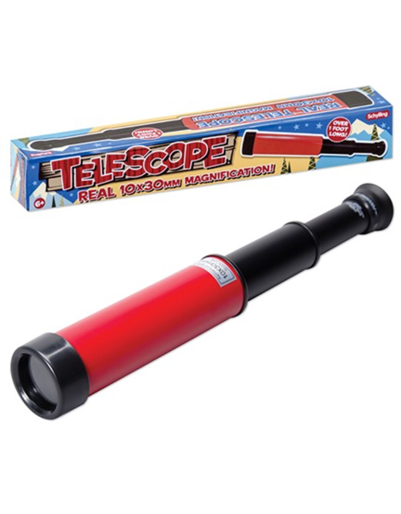 red retractable telescope sat next to packaging
