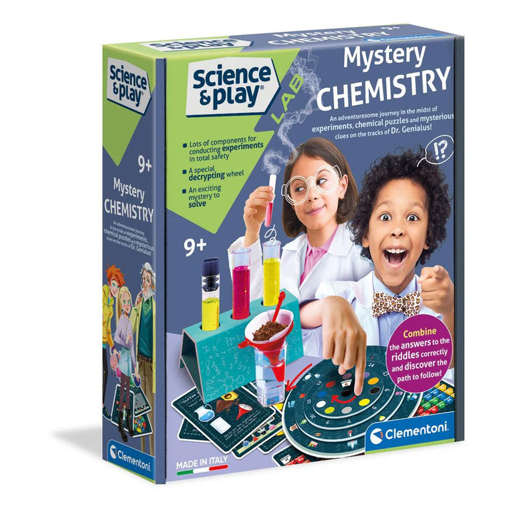Science play mystery chemistry set packaging with children and lab equipment on a white background