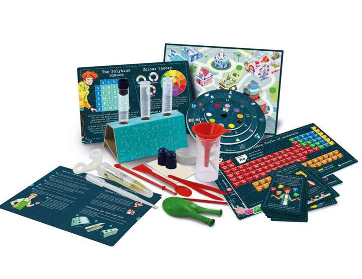 Science experiment kit with various components on a white background