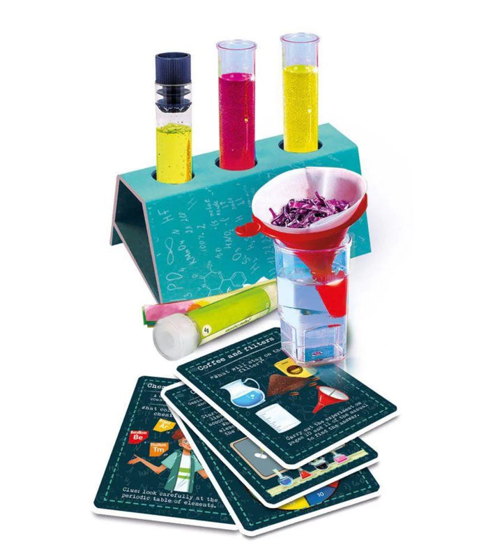 Science experiment set with test tubes, funnel, and educational cards on a white background