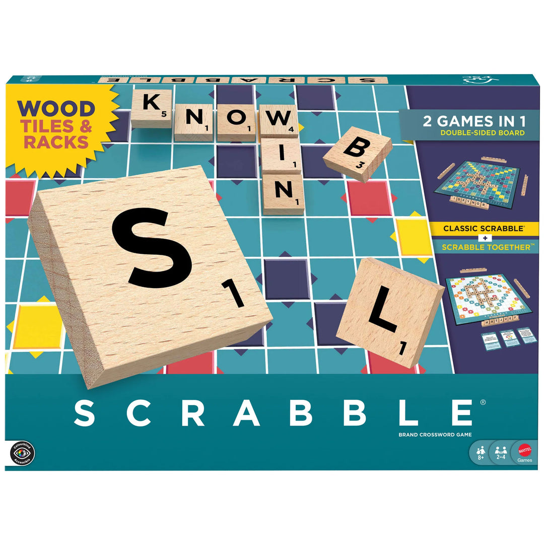 Scrabble board game packaging with wooden tiles and colorful design