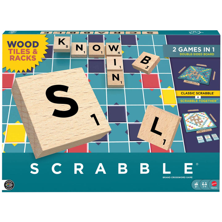 Scrabble board game packaging with wooden tiles and colorful design