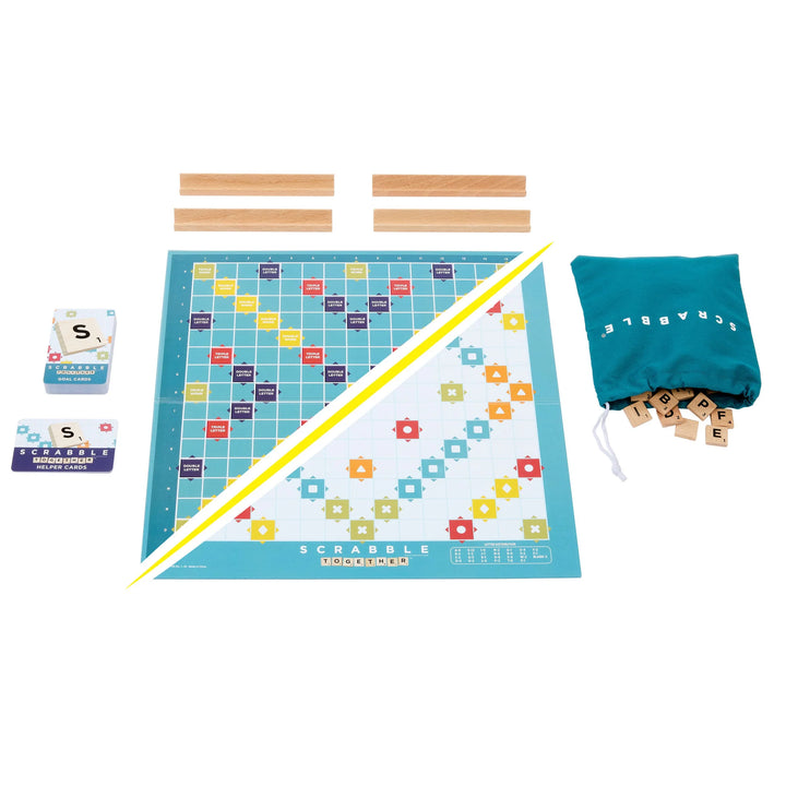 Scrabble board game set with tiles, bags, and cards on a white background