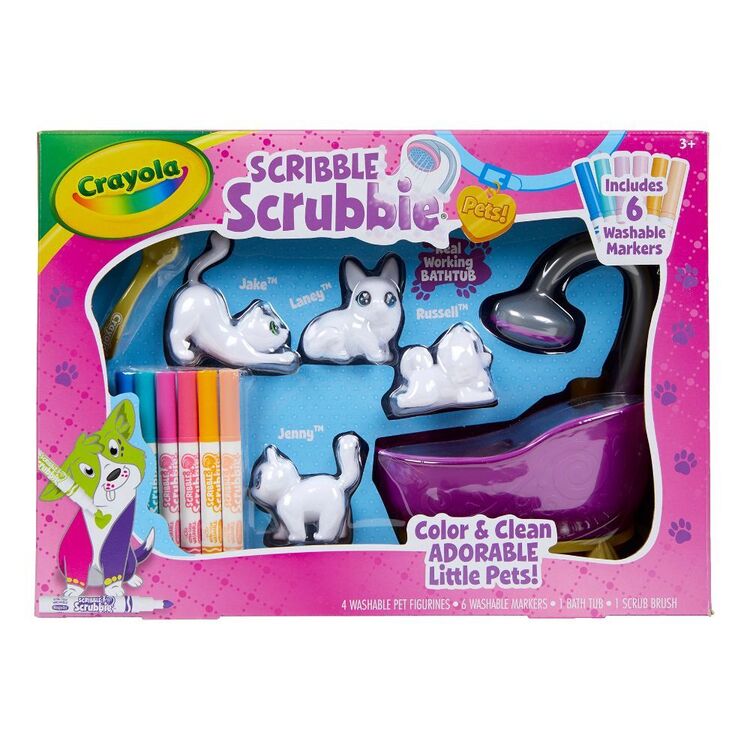 Crayola Scribble Scrubbie Pets toy set packaging with pet figures and washable markers.