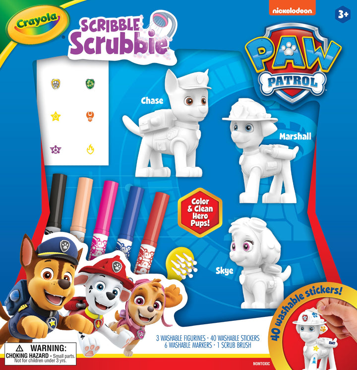 Crayola Scribble Scrubbie Paw Patrol set with figurines, markers, and stickers on a blue background
