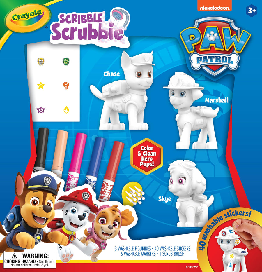 Crayola Scribble Scrubbie Paw Patrol set with figurines, markers, and stickers on a blue background