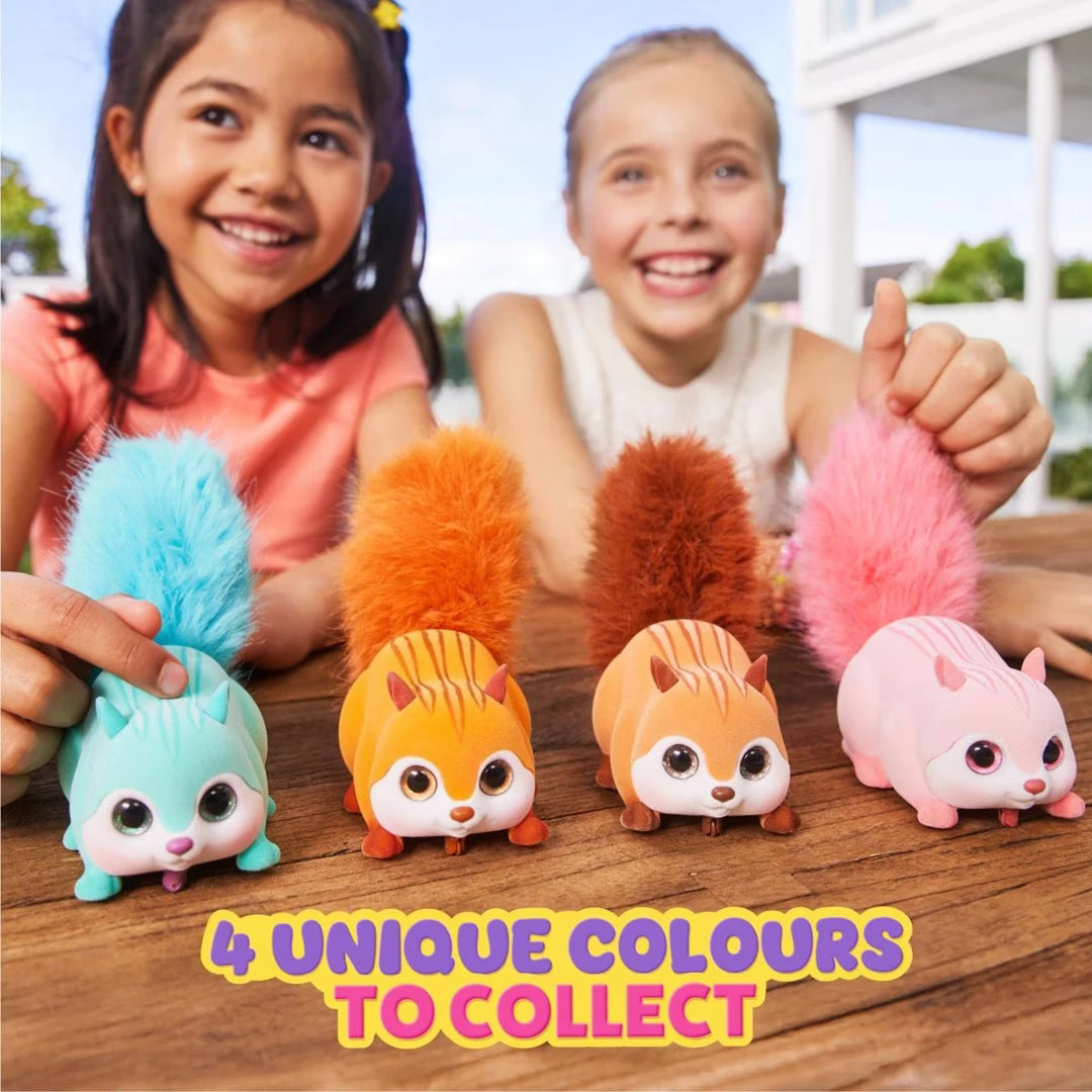 Two children holding colorful animal figurines on a wooden surface with text '4 Unique Colours to Collect'.