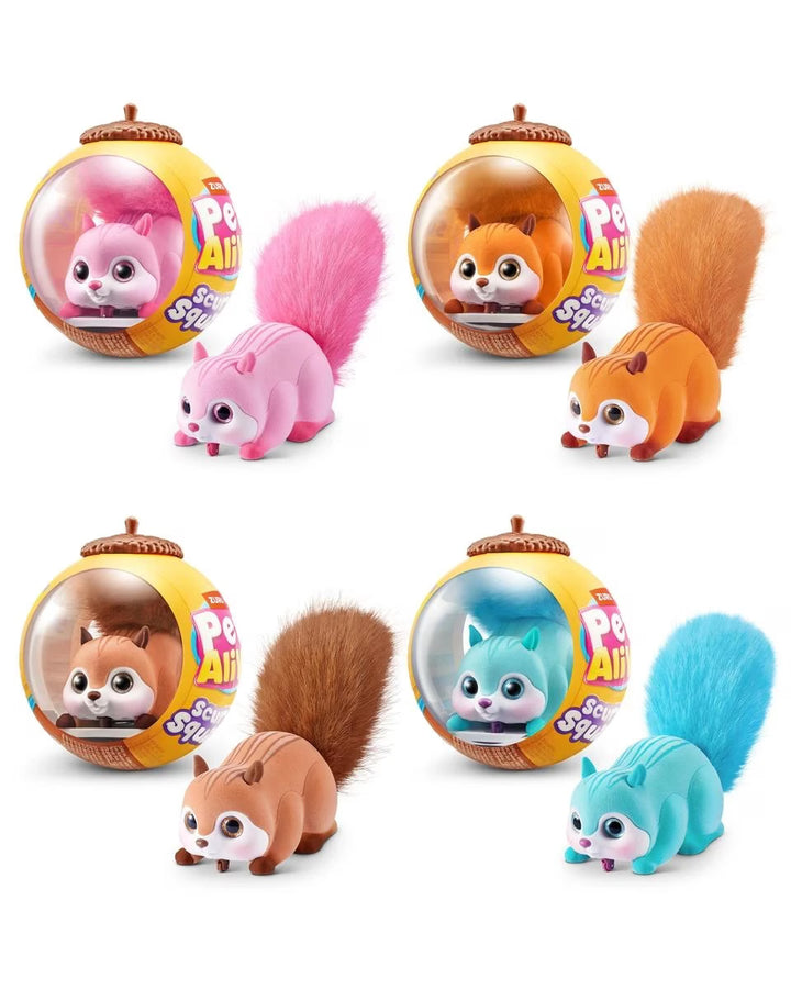 zuru pet scurry n squirrels  each shown both outside and inside its round acorn-shaped packaging. The figures come in pink, orange, brown, and blue colorways, with large cartoon eyes and fluffy tails.