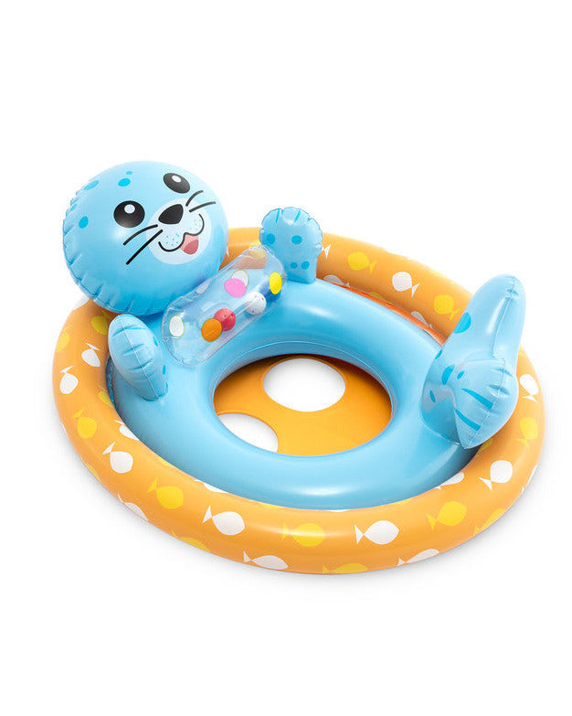 Baby swim ring with blue seal design on a white background