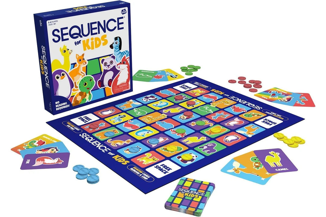 Board game set with 'Sequence for Kids' packaging on a white background