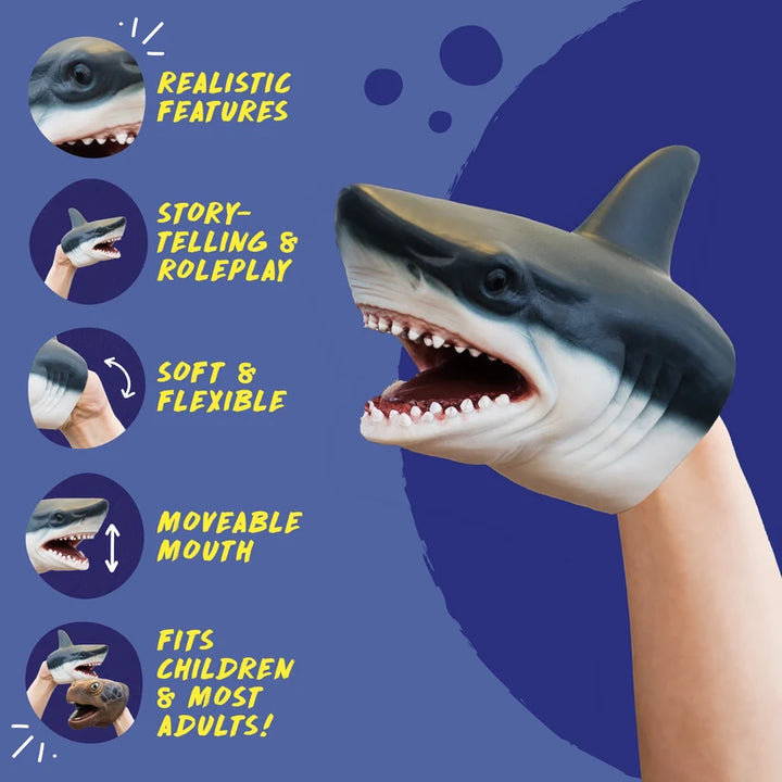 A shark-shaped hand puppet with an open mouth and realistic details, shown on a person's hand against a blue graphic background with feature callouts and text.