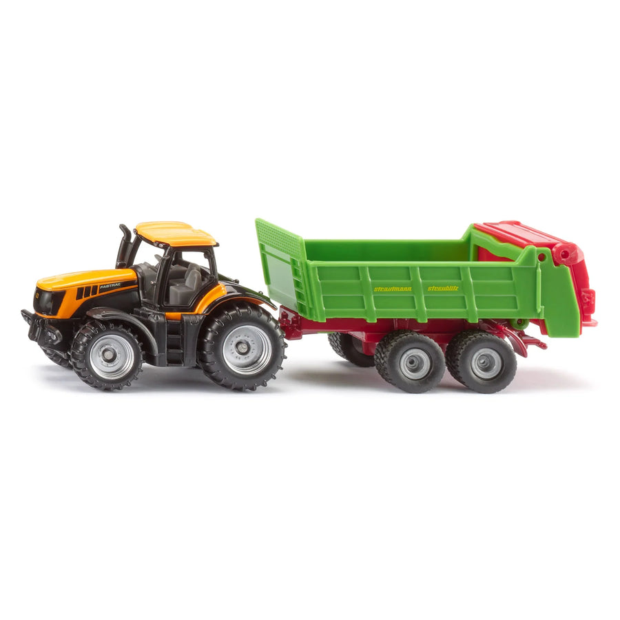 yellow tractor with green strautmann spreader attachment on a white background