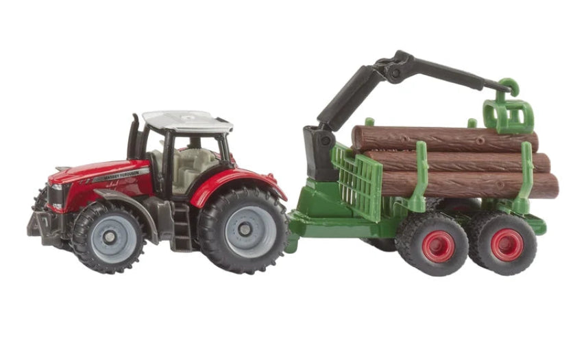 red tractor with green forestry trailer extension full of wooden logs on a white background