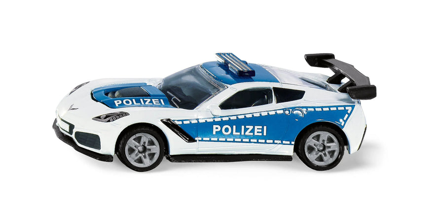 blue and white police corvette on a white background