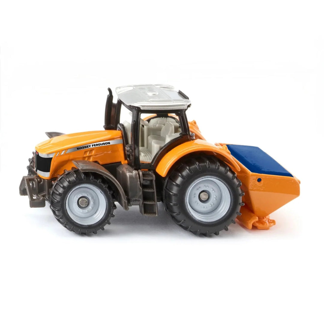 orange tractor with blue and orange salt spreader on a white background