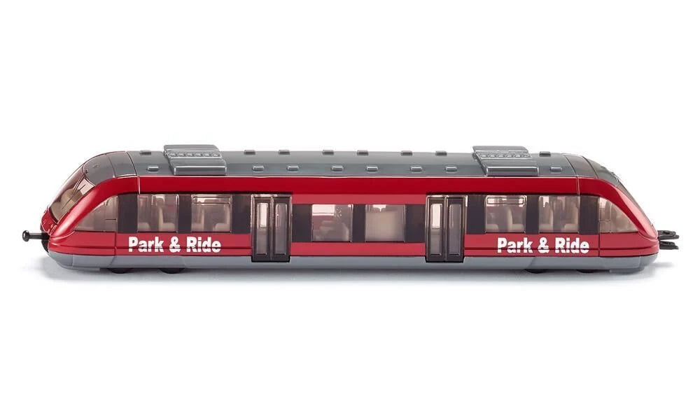 red and grey city train on a white background